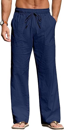 Men's lightweight linen pants with elastic waistband, drawstring, and patch pockets Mune Fashion