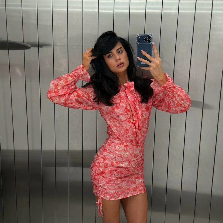 Women Floral Chiffon Mini Dress with Bow Collar, Transparent Volume Sleeves and Side Gathering Mune Fashion