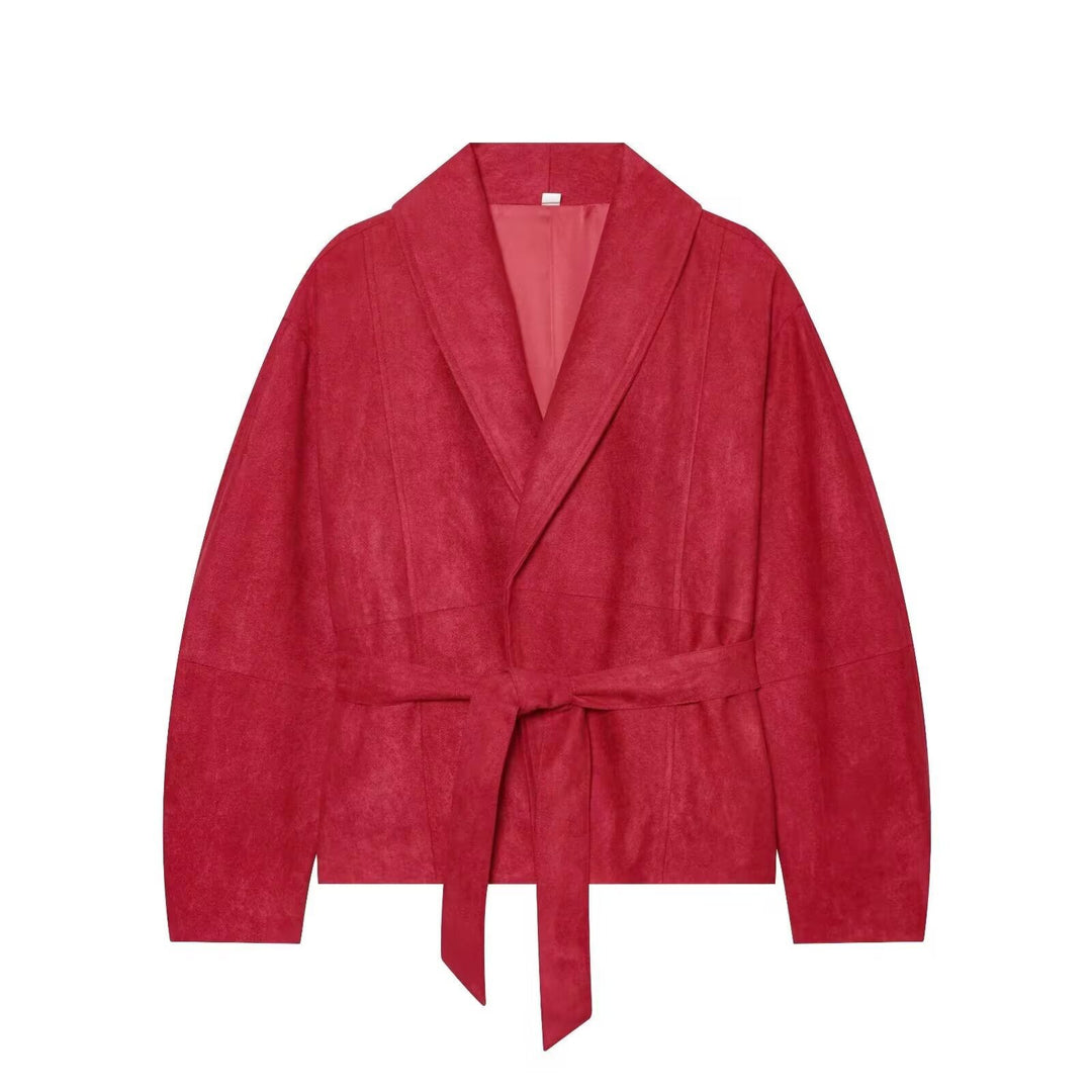 Women's short jacket in kimono style made of velour look with shawl collar and tie belt Mune Fashion