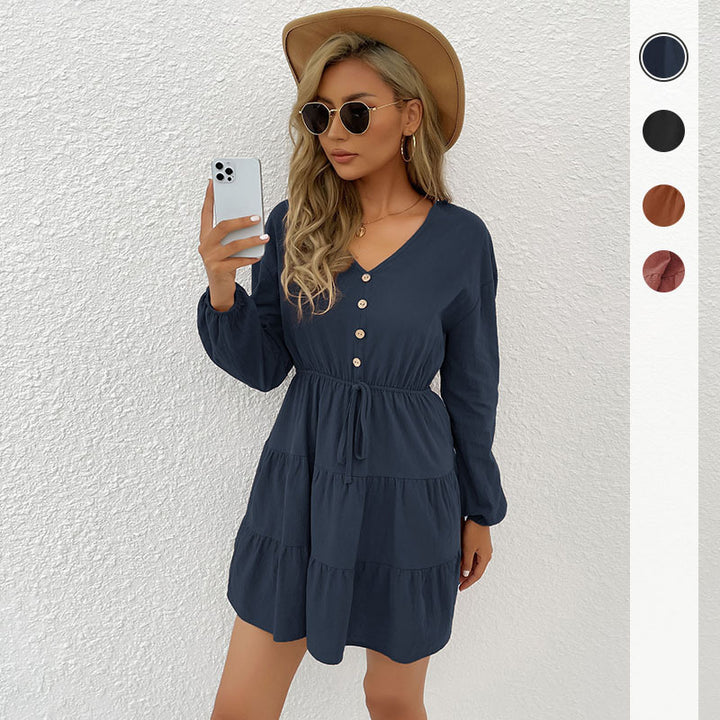 Women's Layered Viscose Mini Dress with Waist Cord and Button Detail Mune Fashion