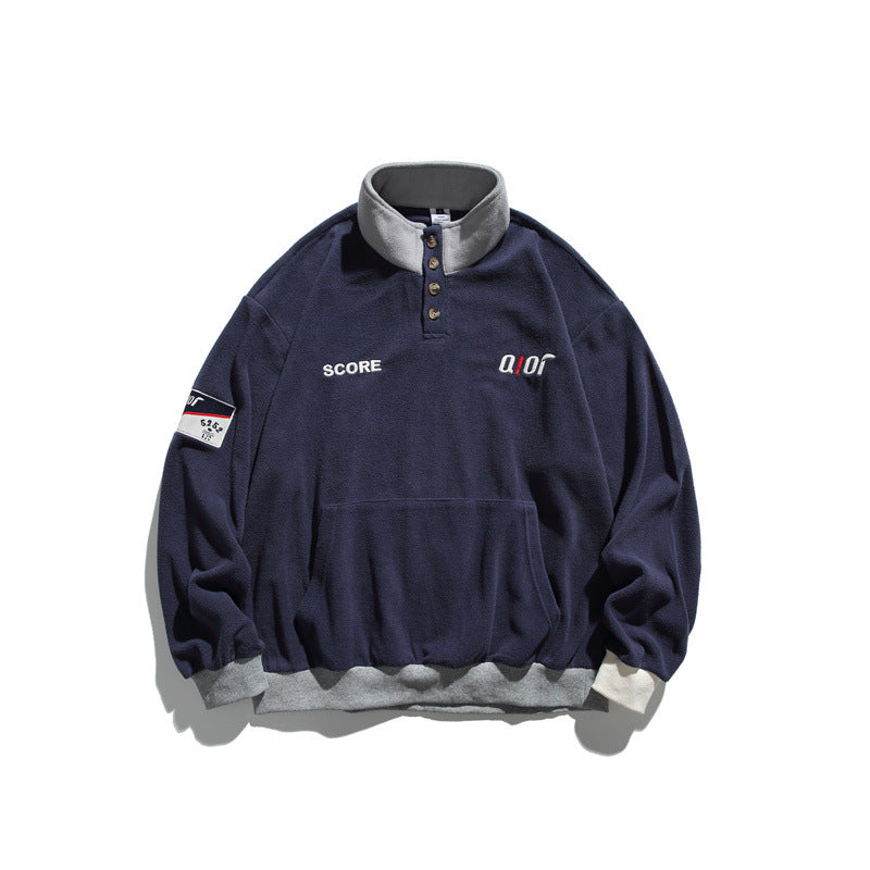 Unisex Fleece Half-Zip Pullover with Stand-Up Collar, Kangaroo Pocket and Contrast Cuffs Mune Fashion