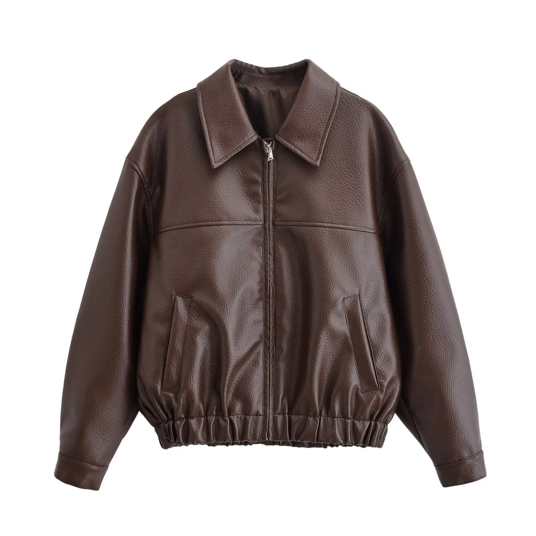 Women Oversized Faux Leather Bomber Jacket with Shirt Collar Zipper and Elastic Hem Mune Fashion