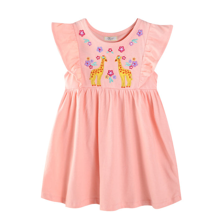 Girls cotton dress with charming giraffe embroidery Mune Fashion