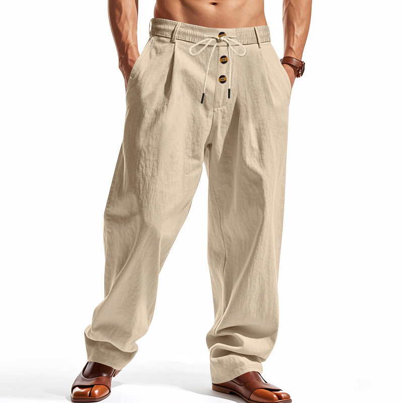 Men's casual linen relaxed pants with drawstring waistband, knife pleats and straight leg Mune Fashion