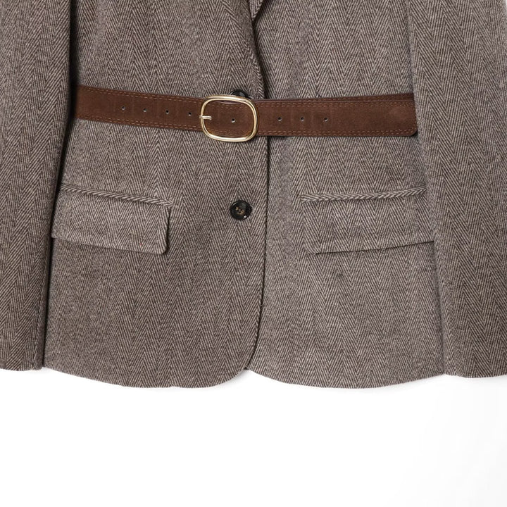 Women's Tailored Herringbone Blazer Coat with TIE Belt Mune Fashion