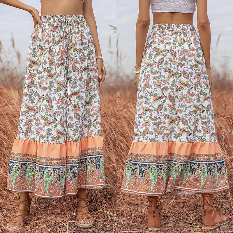 Women's Boho Maxi Skirt with Paisley Allover Print, Elastic Waistband, Drawstring and Ruffle Tier Mune Fashion