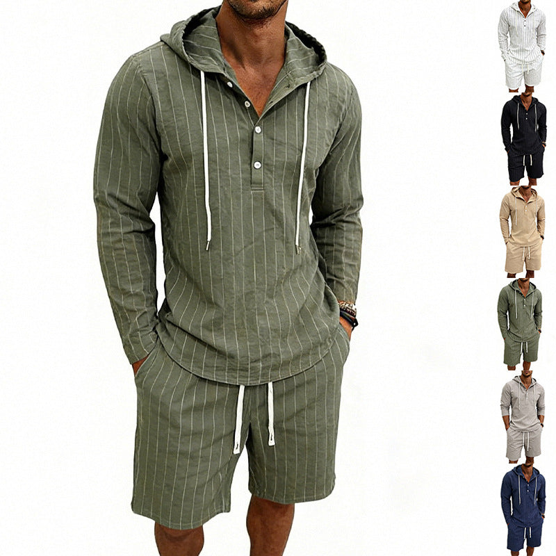 Men's striped linen-look hooded Henley set with drawstring shorts Mune Fashion