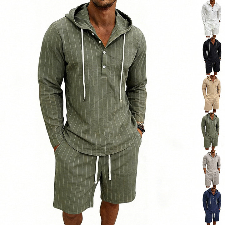 Men's striped linen-look hooded Henley set with drawstring shorts Mune Fashion