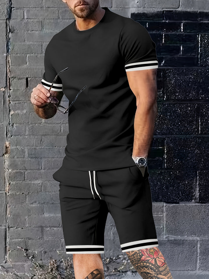 Men's sporty lounge set made of high-quality cotton blend with fitted short-sleeve shirt and drawstring shorts with contrasting cuffs Mune Fashion