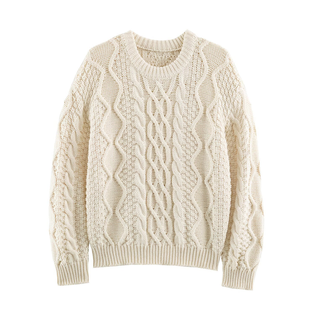 Women's chunky braided knit sweater with round neck and texture mix Mune Fashion