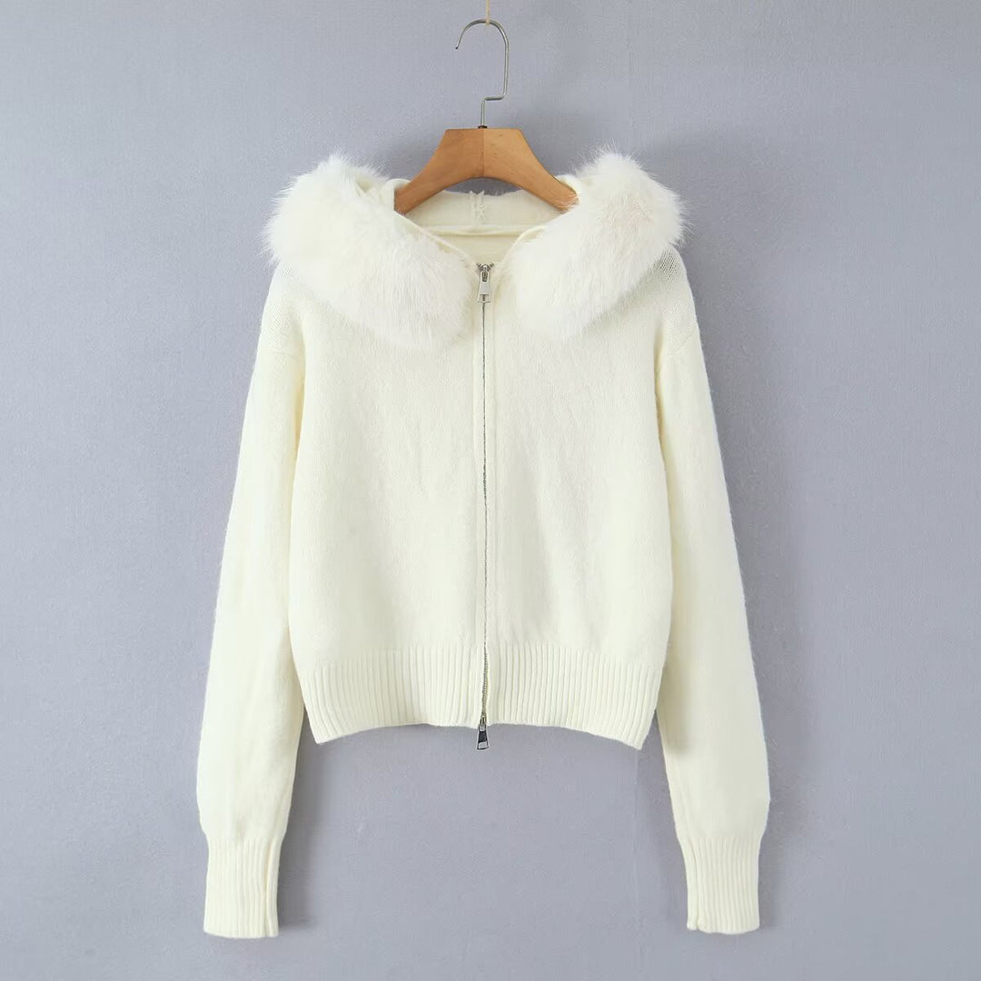Women's Short Cardigan with Zipper and Removable Faux Fur Collar Drune