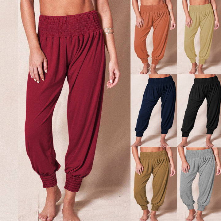 Women's Loose Harem Pants with High Smocked Waistband and Crumpled Ankle Cuffs Mune Fashion