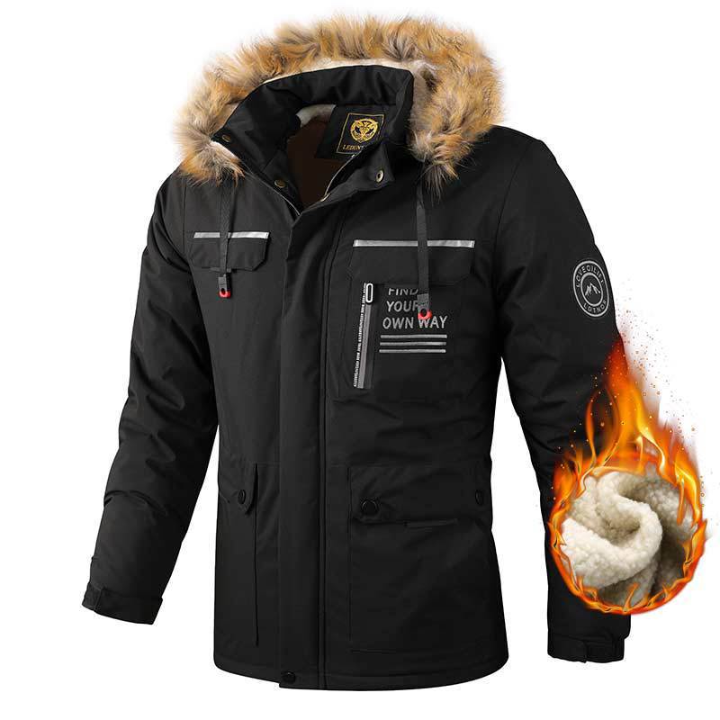 Men's waterproof winter parka with teddy lining, detachable faux fur hood, and multifunctional zip and flap pockets.