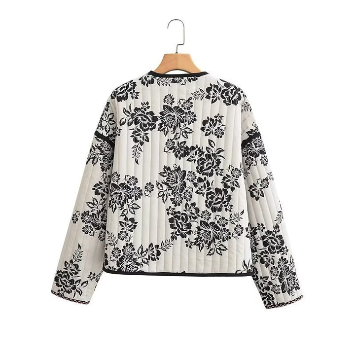 Women's Quilted Short Jacket with Floral Allover Print and Tie Ribbons Mune Fashion
