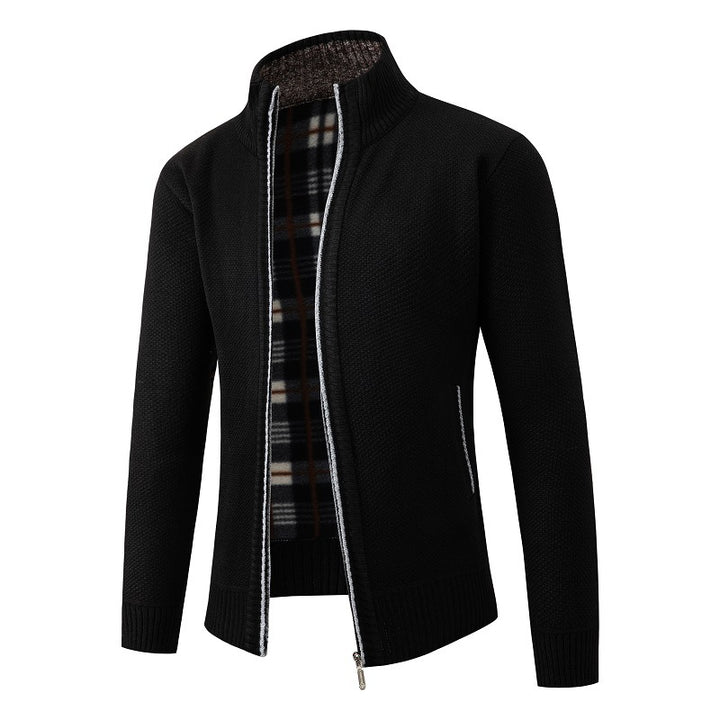Men's Structured Zip Cardigan with Check Fleece Lining and Stand-Up Collar Mune Fashion