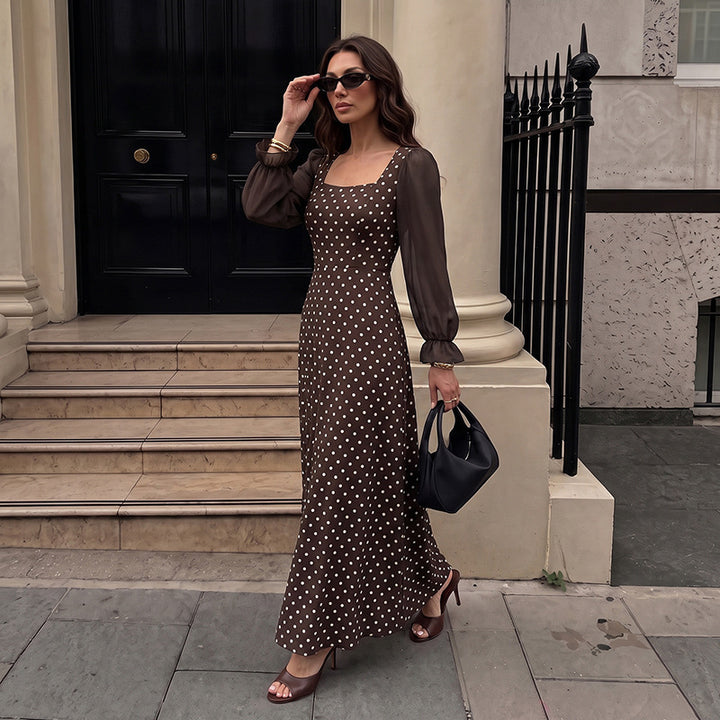 Women Elegant Maxi Dress with Dots and Transparent Sleeves Mune Fashion