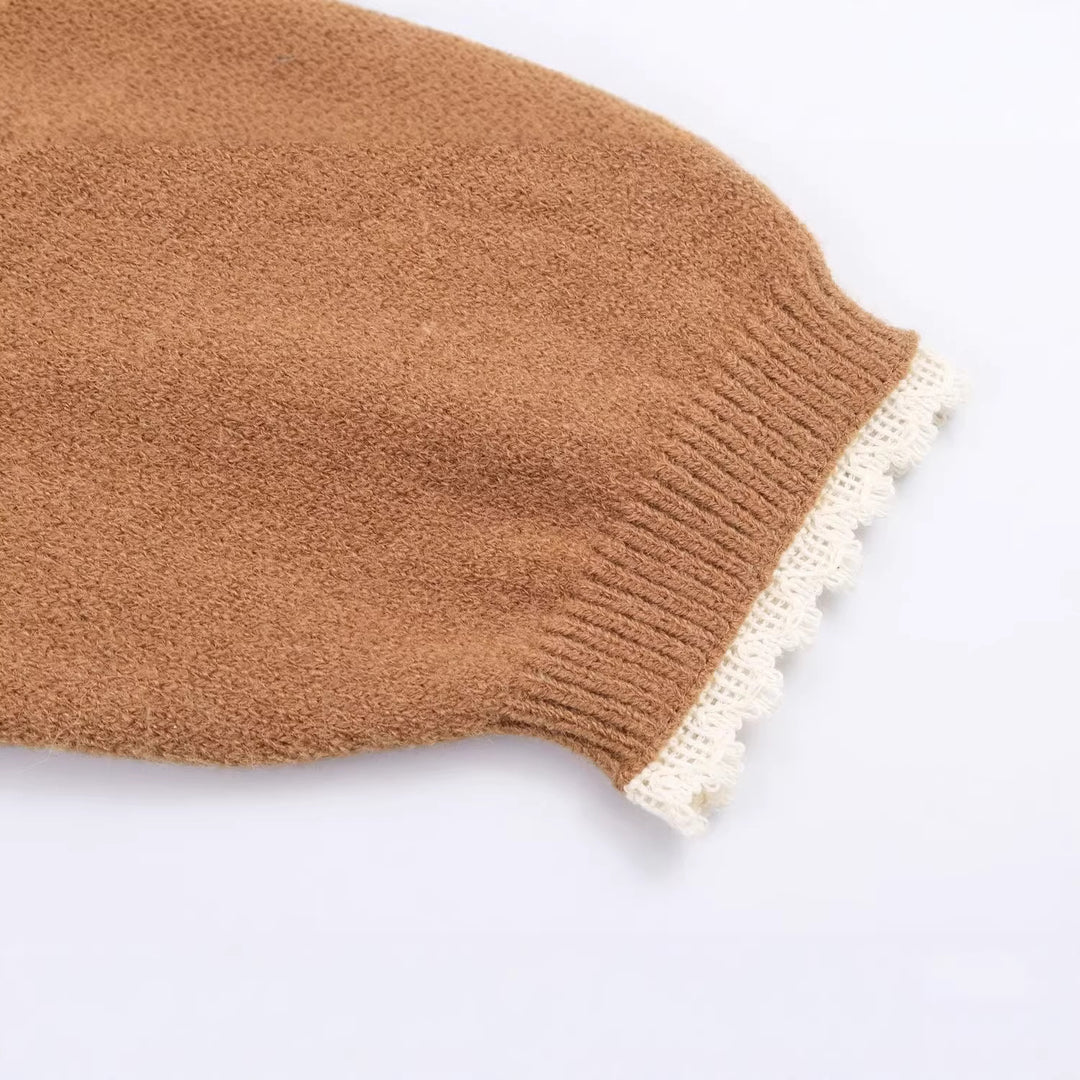 Women Oversized knit sweater with funnel neck and lace trim Mune Fashion