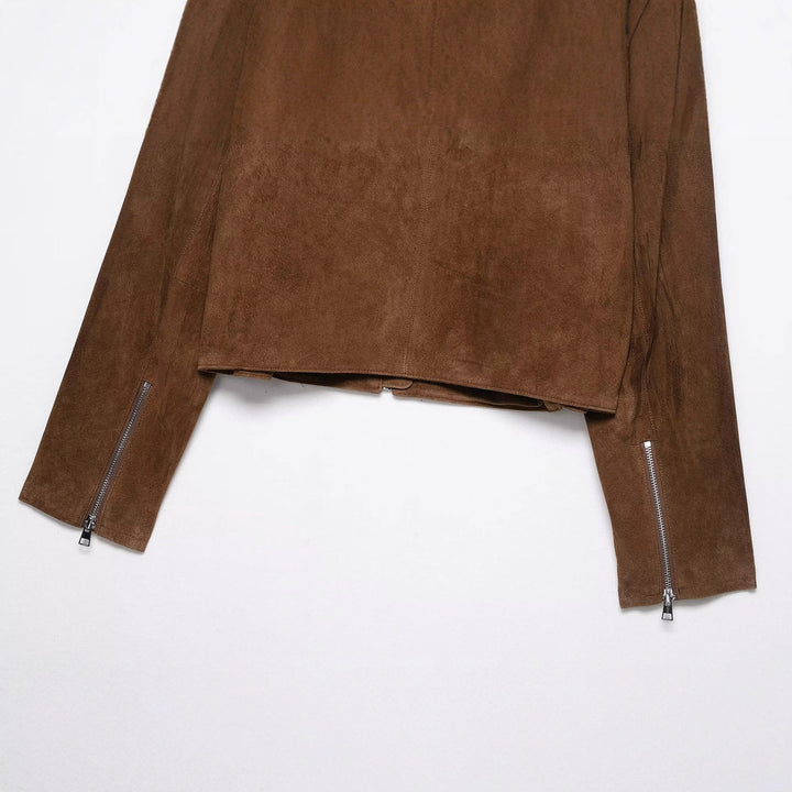 Ladies Cropped Suede Jacket with Shirt Collar, Zipper and Zip Pockets Mune Fashion