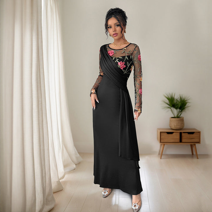 Women's evening dress with embroidered mesh sleeves, asymmetrical drape and waist sash Mune Fashion