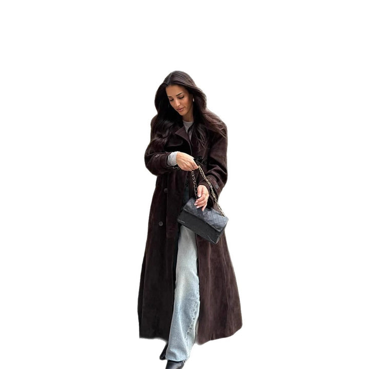 Women's Long Velvet Trench Coat with Tie Belt and Lapel Collar Mune Fashion