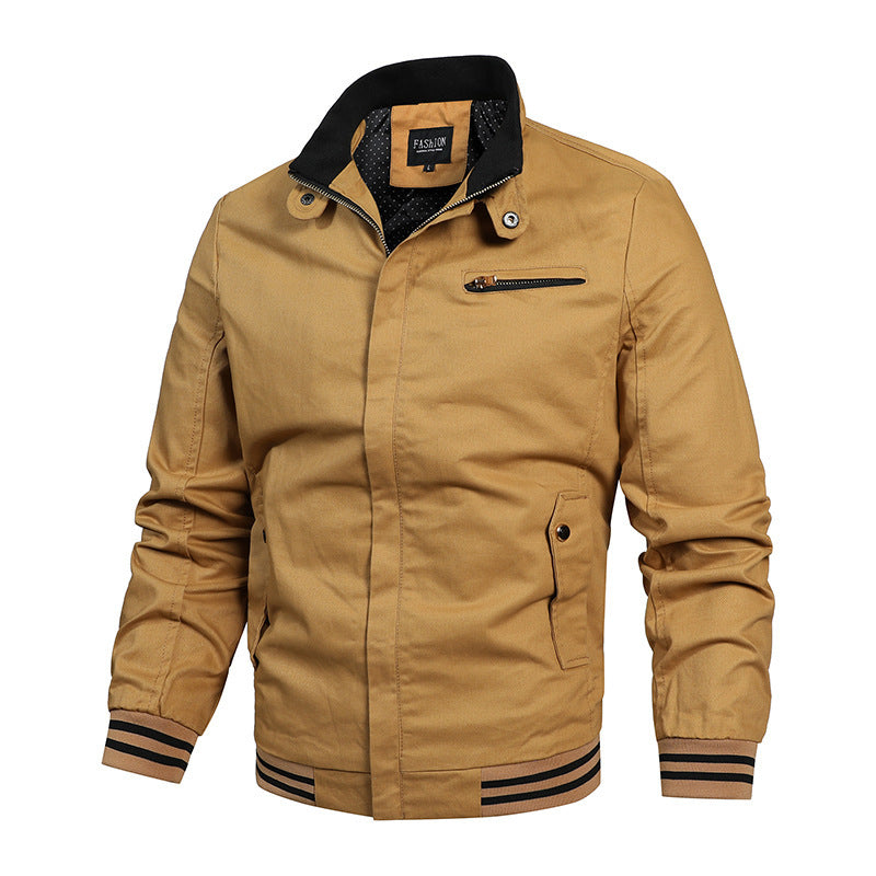Men's Canvas Bomber Jacket in Retro Pilot Cut with Quilted Collar and Striped Ribbed Cuffs Mune Fashion