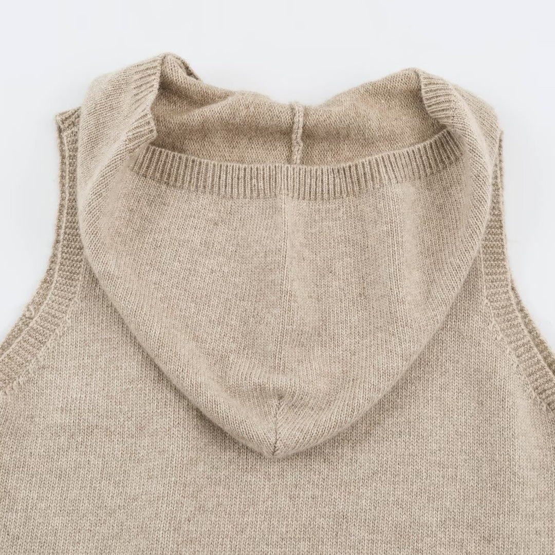 Women's fine knit vest with hood, button placket, and ribbed waistband Mune Fashion
