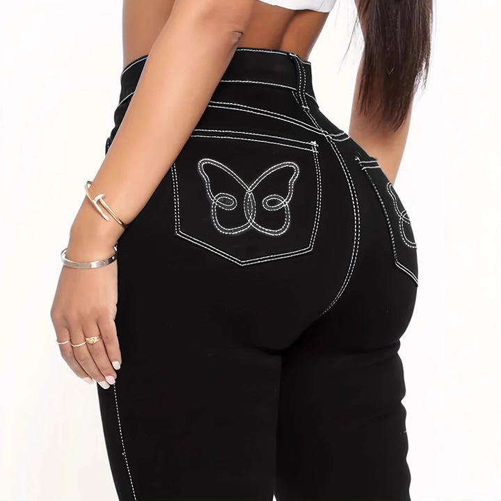Women's High-Cut Sculpting Skinny Jeans with Contrasted Seam Design and Butterfly Embroidery Mune Fashion