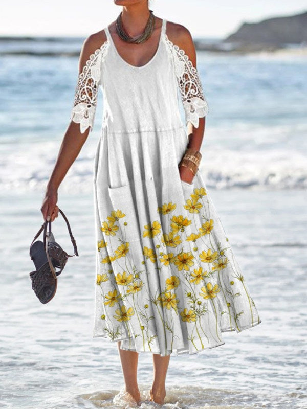 Women’s flowing maxi dress with shoulder cutouts crochet lace sleeves A-line cut and side pockets Mune Fashion