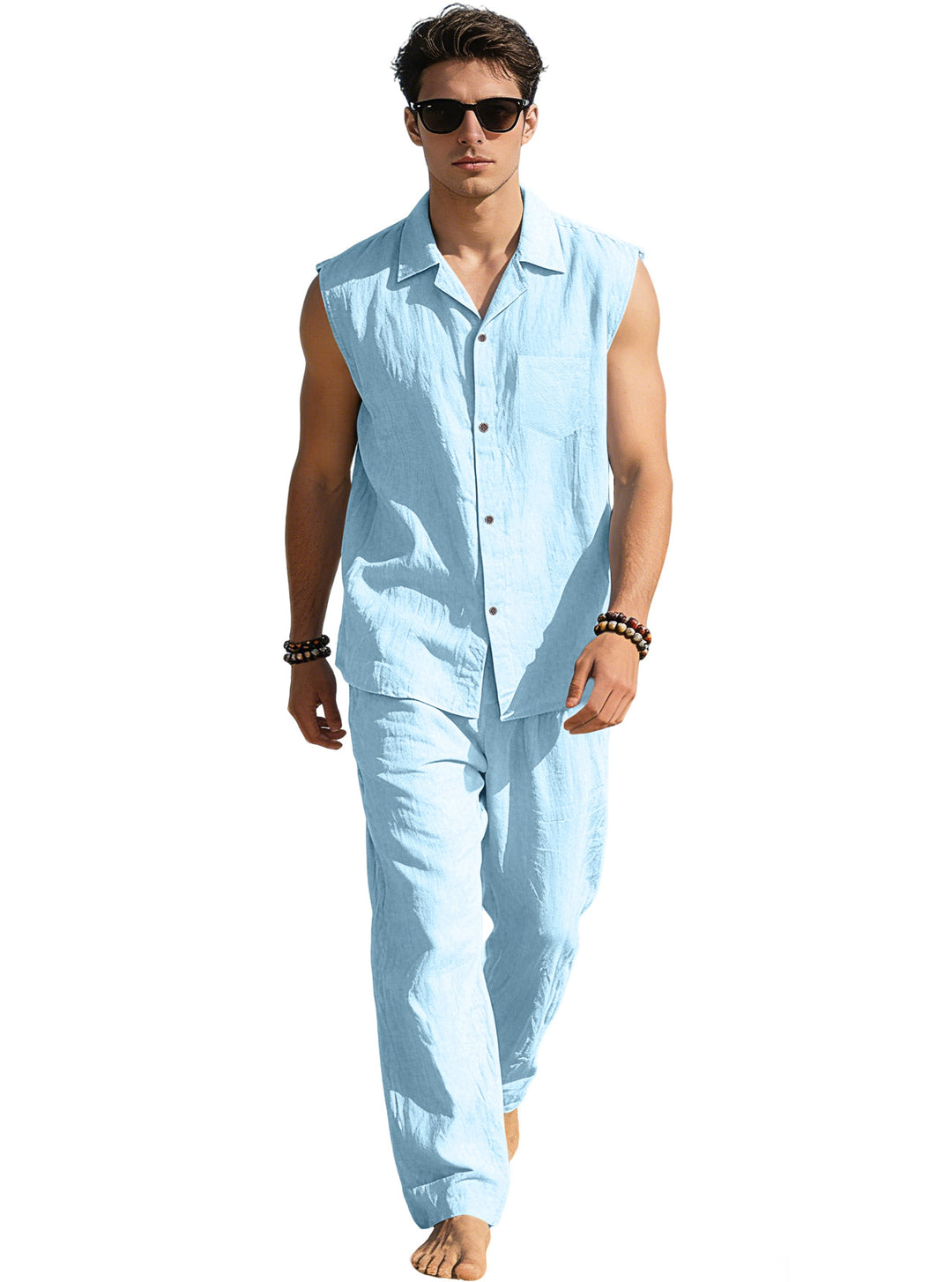 Men's sleeveless linen leisure set with lapel collar, chest pocket, and straight pants Mune Fashion