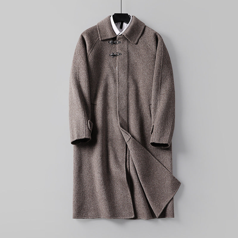 Men's Straight Wool Blend Long Coat with Concealed Front and Decorative Toggle Closures Mune Fashion