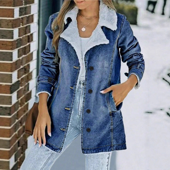 Women's Oversized Denim Jacket with Teddy Lining, Button Placket and Patch Pockets Mune Fashion