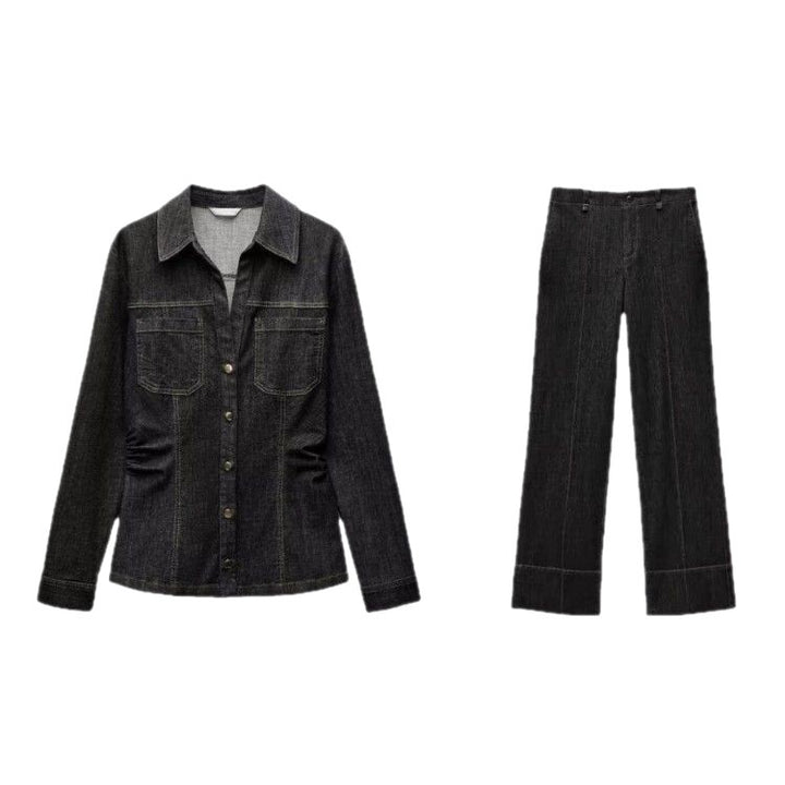 Women's high-waisted wide flare trousers in corduroy look with visible center seam and wide cuff Mune Fashion
