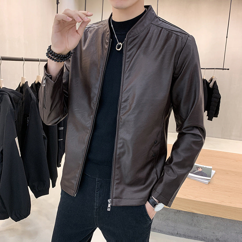 Men's Faux Leather Motorcycle Jacket with Teddy Lining and Stand-Up Collar Mune Fashion