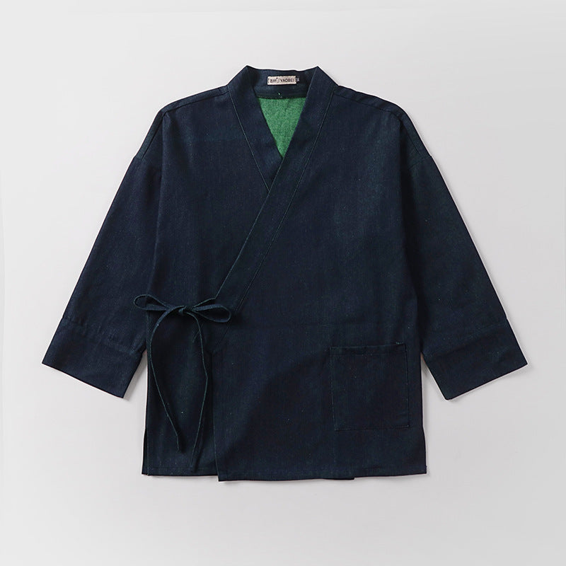 Unisex Lightweight Wrap Kimono Jacket made of Linen-Cotton Blend with Contrast Trim and Tie Belt Mune Fashion