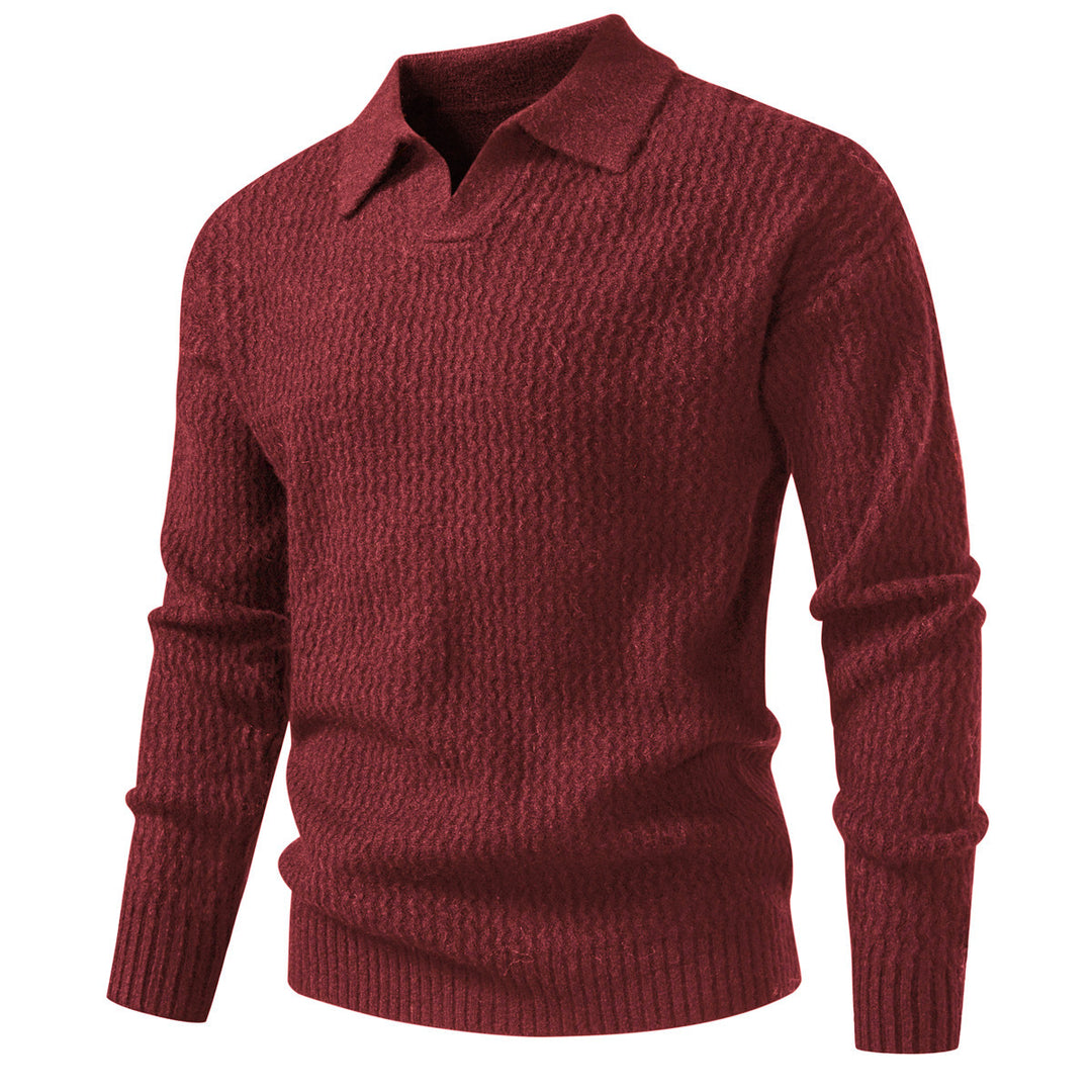 Men's polo collar fine knit sweater with textured wave design and ribbed hem Mune Fashion