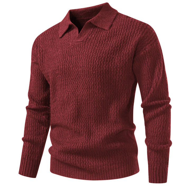 Men's polo collar fine knit sweater with textured wave design and ribbed hem Mune Fashion