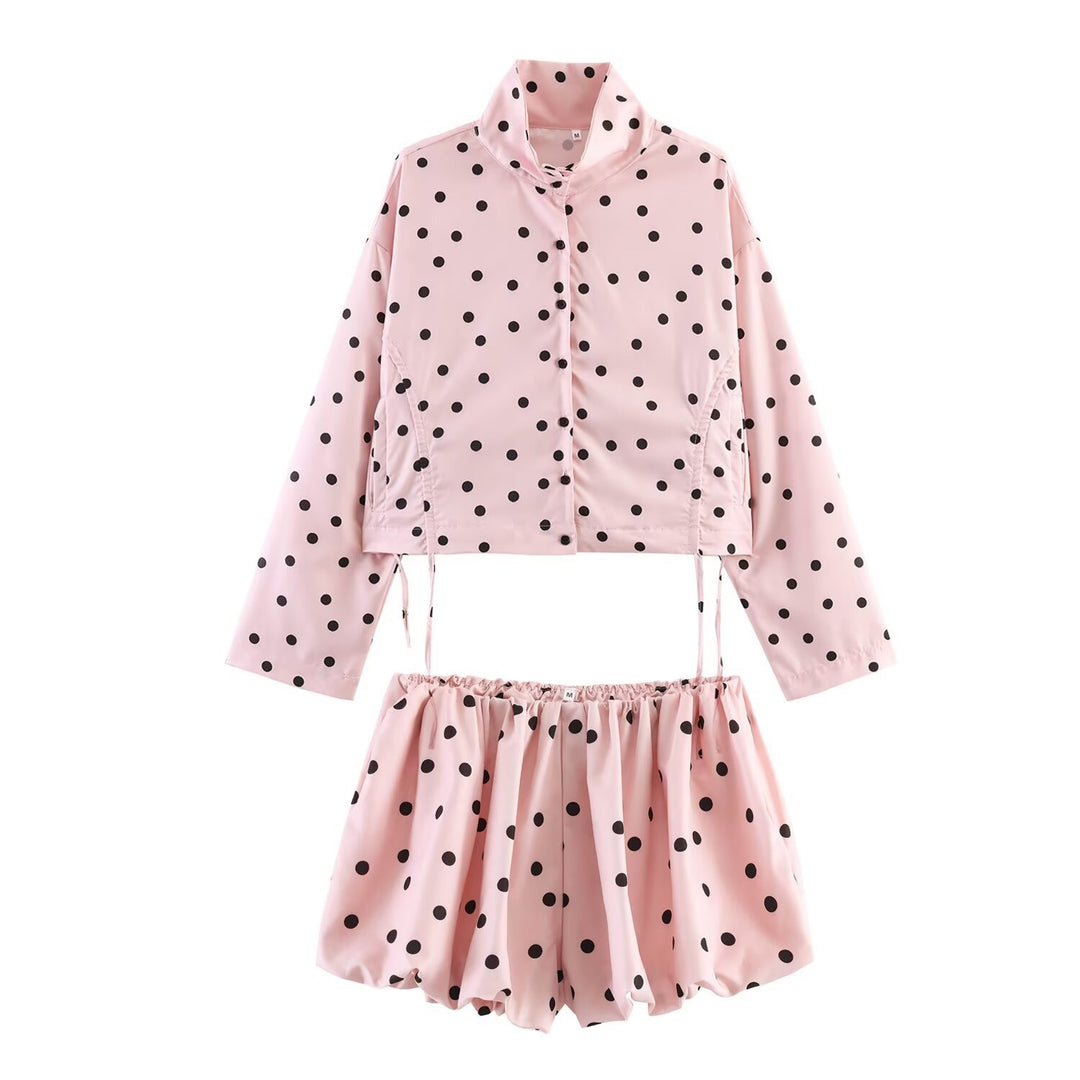 Women's Polka Dot Cropped Utility Jacket with Stand Collar and Drawstring Mune Fashion