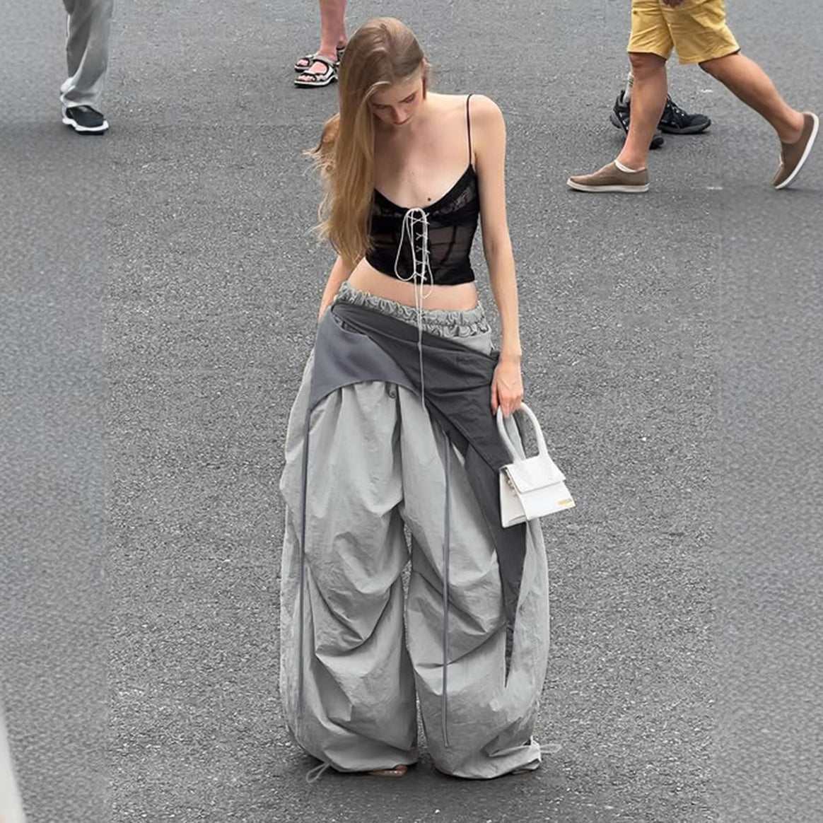 Women Wide Harem Pants with Draped Wrap Band and Elastic Smocking Waist Mune Fashion