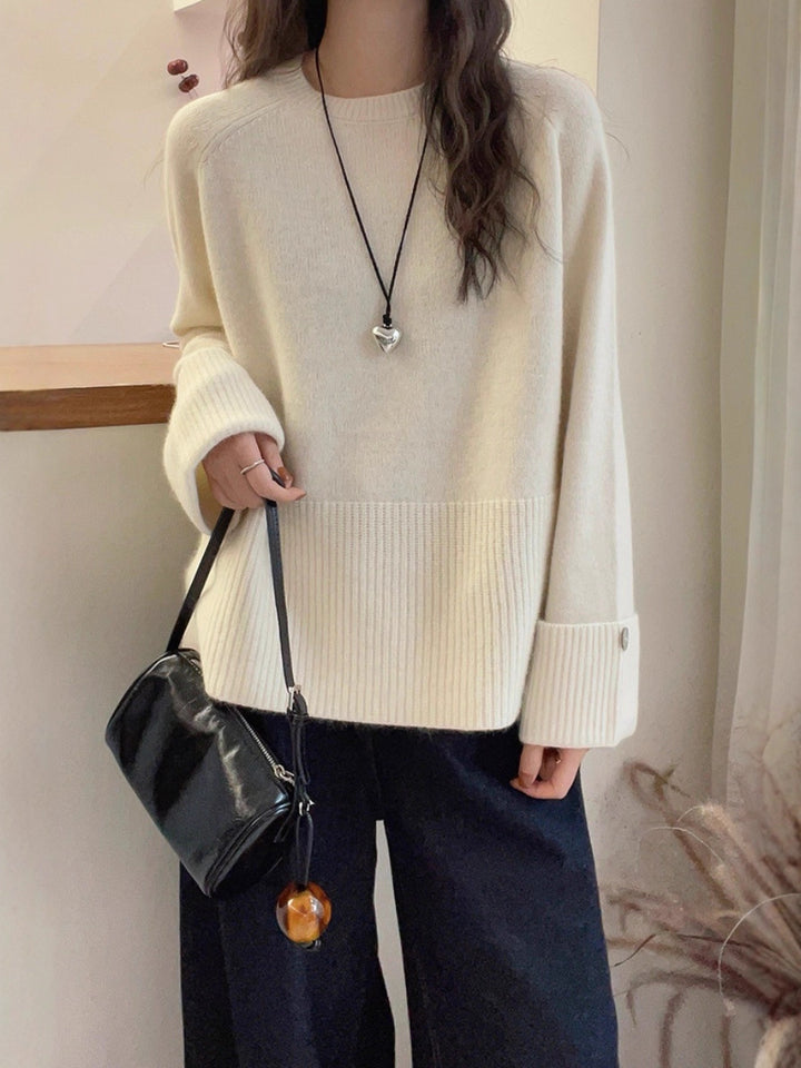 Women's Oversized Fine Knit Sweater with Wide Ribbed Hem, Extra Wide Sleeve Cuffs and Decorative Button Mune Fashion