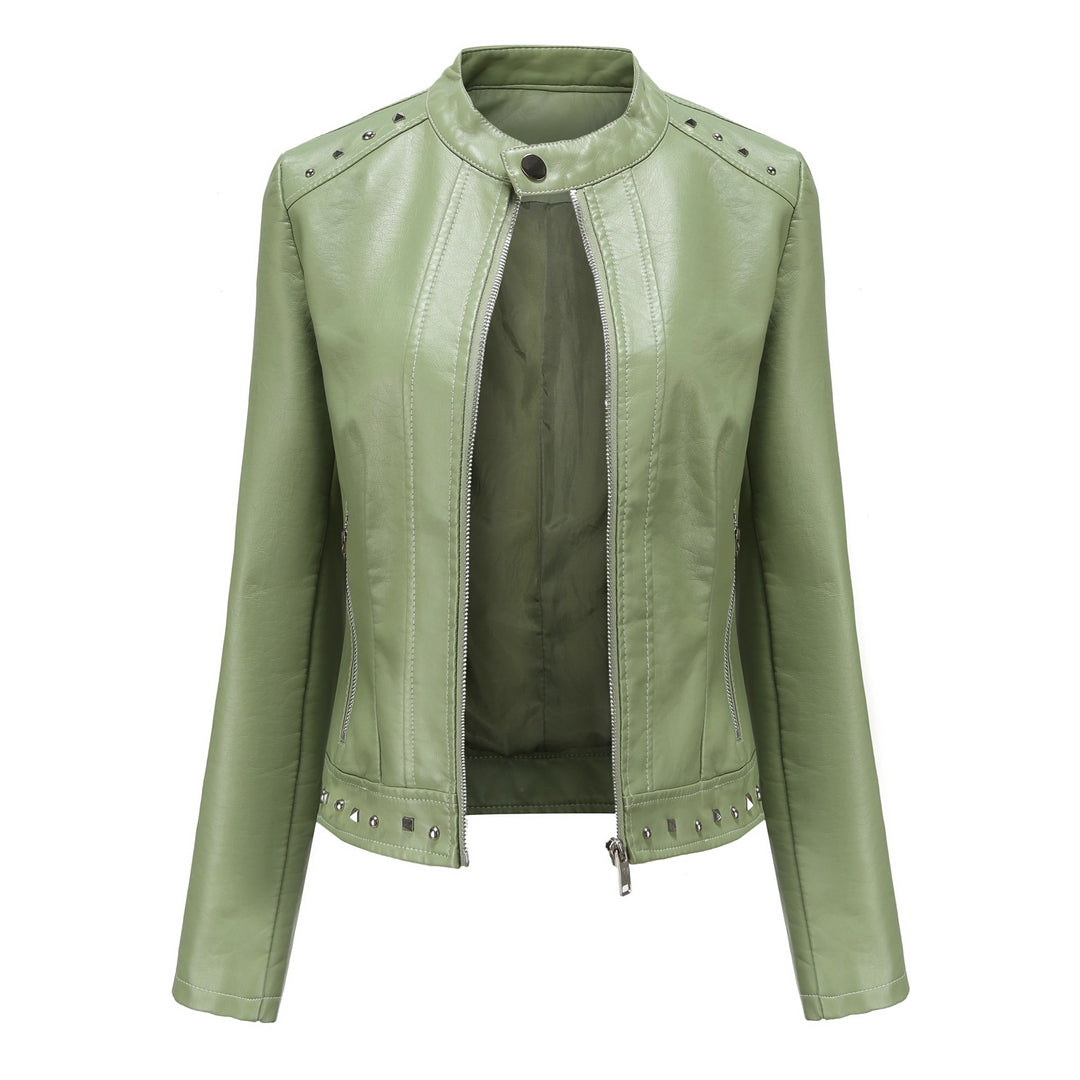 Women's cropped tailored faux leather jacket with stand-up collar two-way zipper and decorative stud hem Mune Fashion