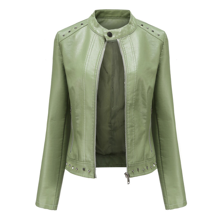 Women's cropped tailored faux leather jacket with stand-up collar two-way zipper and decorative stud hem Mune Fashion
