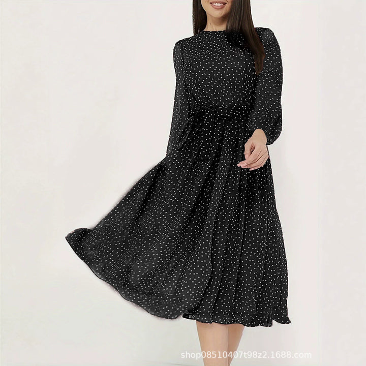 Ladies midi dress with dots, fitted tie belt and flounce skirt Drune