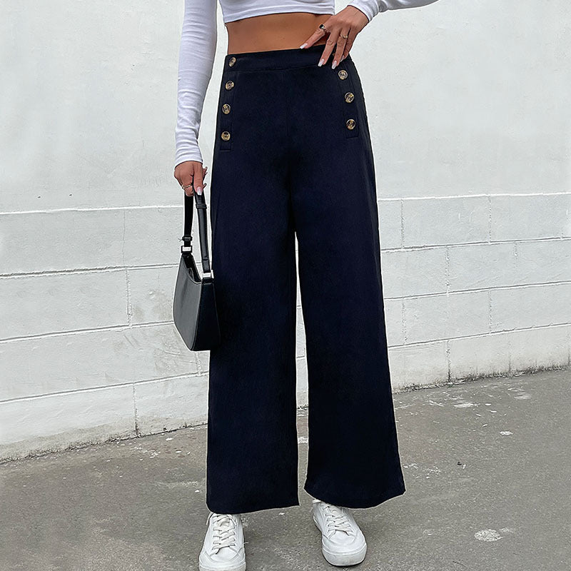 Women's High-Waist Palazzo Pants with maritime-inspired decorative button placket and wide leg Mune Fashion