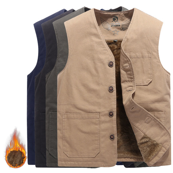 Men's Sleeveless Canvas Teddy Vest with Warming Fleece Lining and Patch Pockets Mune Fashion