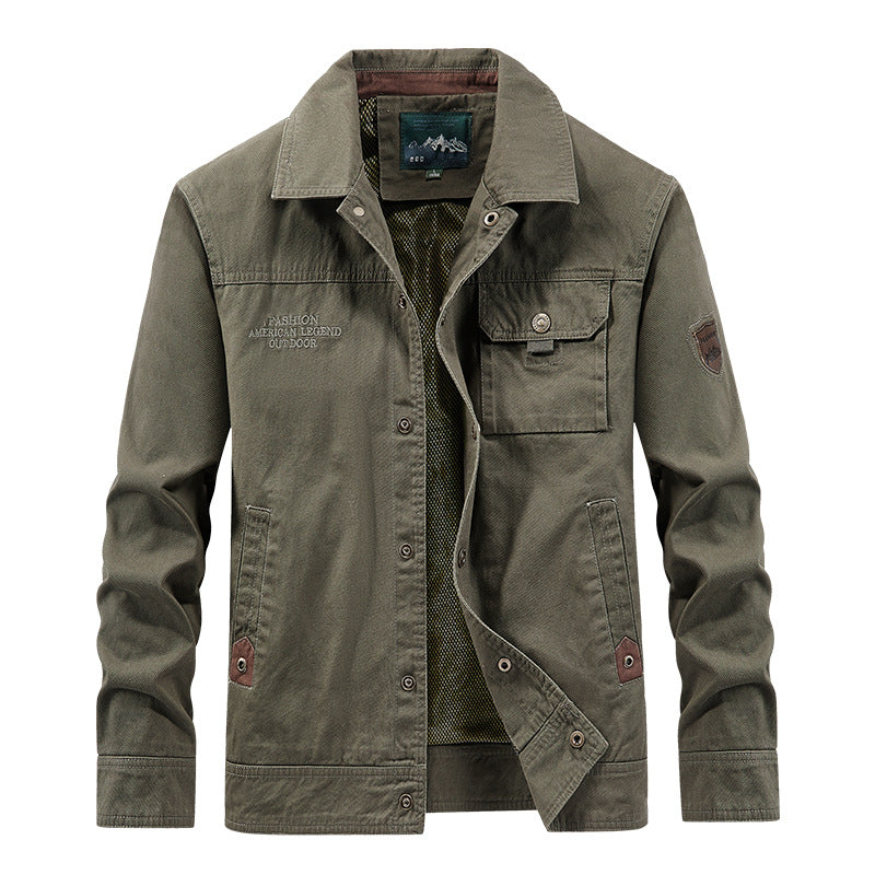Men's lightweight canvas field jacket with chest flap, breathable mesh lining, and multiple pockets.