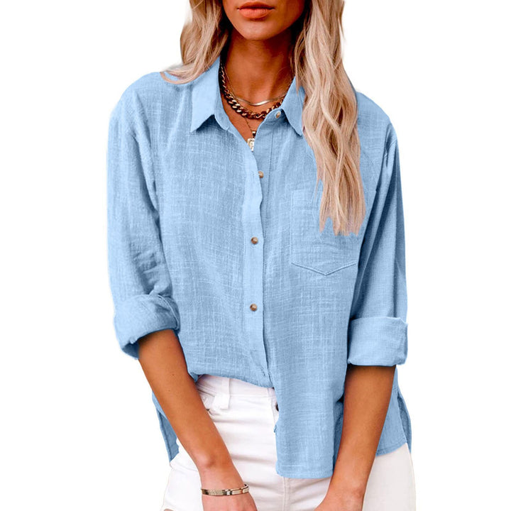 Women's oversized linen-cotton blend shirt blouse with breast pocket and roll-up sleeves Mune Fashion