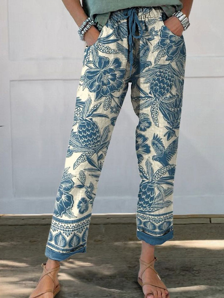 Women Linen Look Pants with Floral Print, Wide Leg and Drawstring Mune Fashion