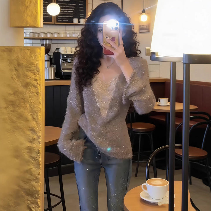 Women Fluffy Long Sleeve Shirt with Deep V-Neck and Glitter Insert Mune Fashion