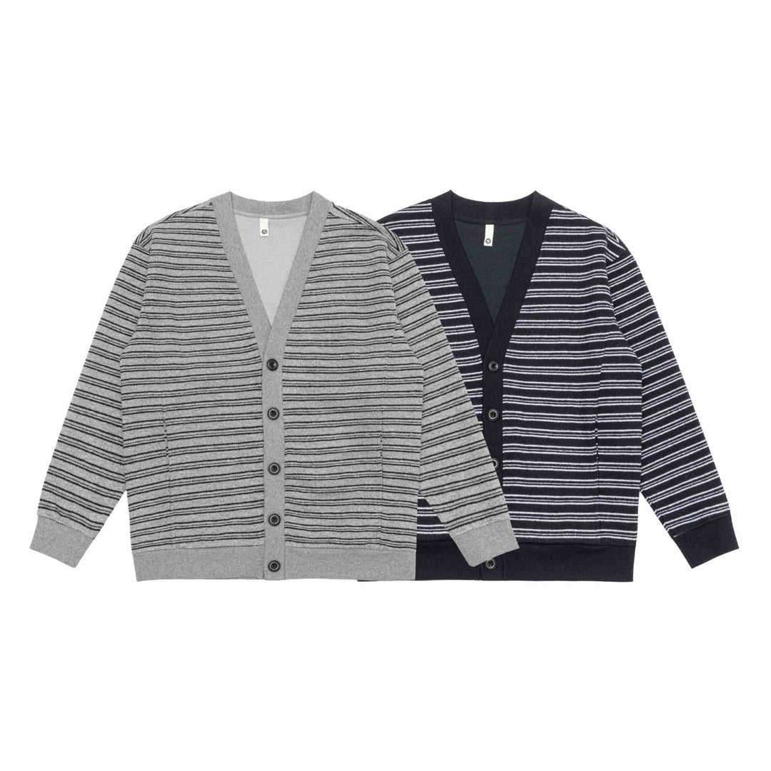 Men's Striped Button Cardigan with V-Neck, Patch Pockets and Ribbed Cuffs Mune Fashion