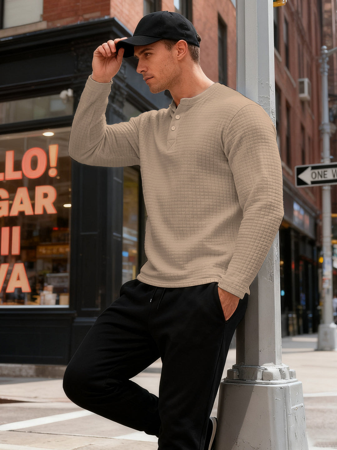 Men's structured Henley long sleeve shirt made of waffle knit with stand-up collar and narrow silhouette Mune Fashion